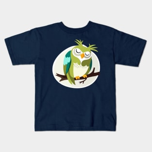 Cute Green Owl Sleeping on Branch Kids T-Shirt